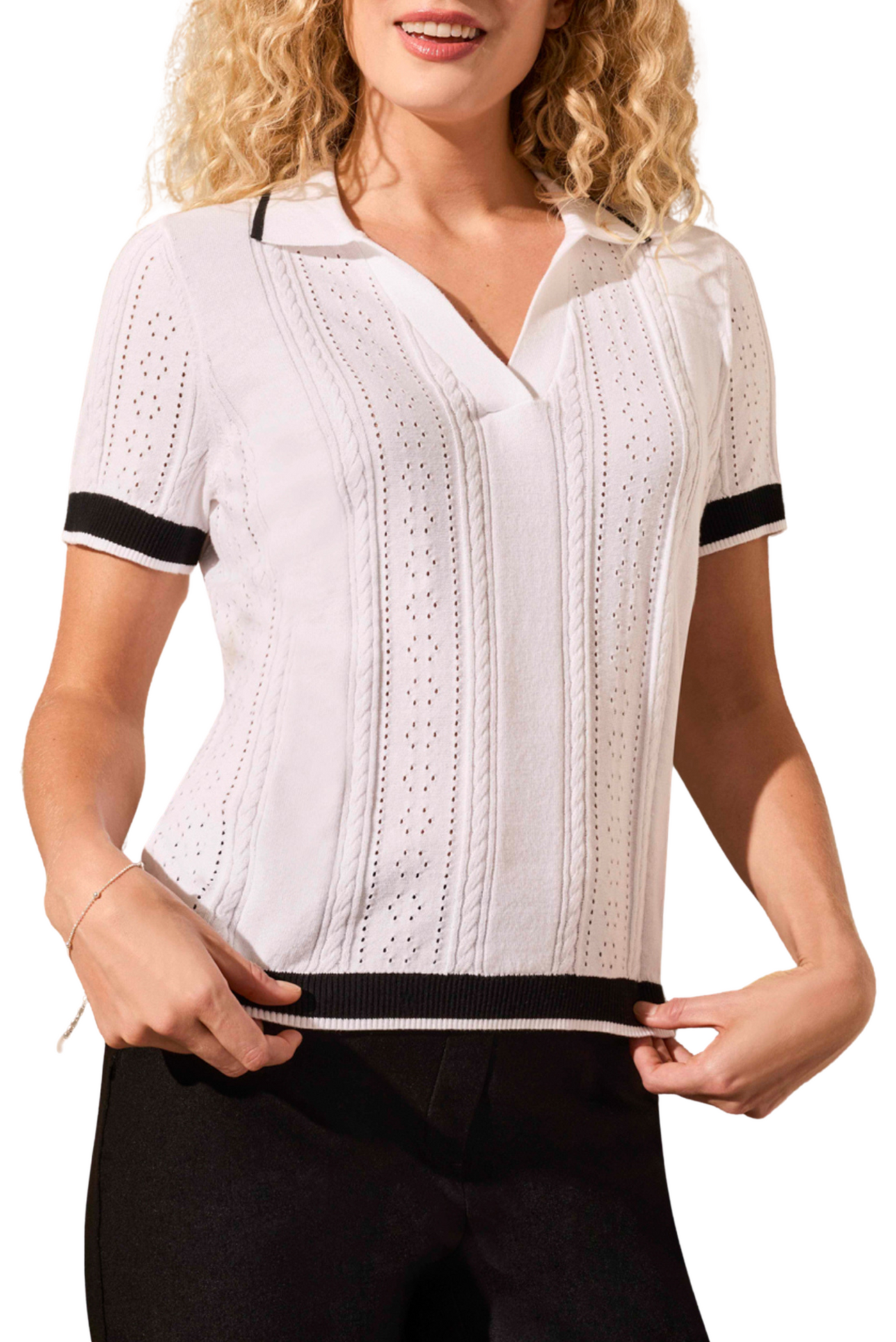 Pointelle Knit Cotton Polo Top