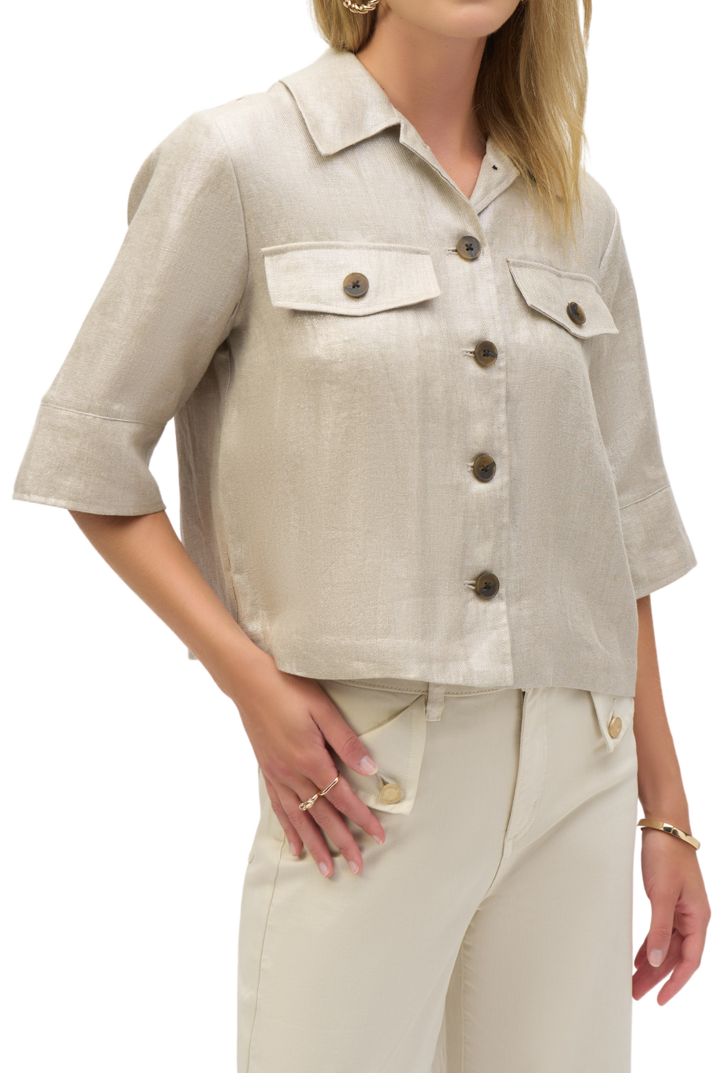 Foiled Linen Blend Short Sleeve Boxy Jacket