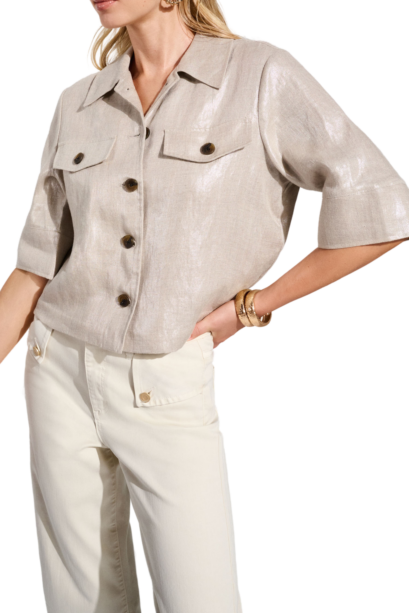 Foiled Linen Blend Short Sleeve Boxy Jacket