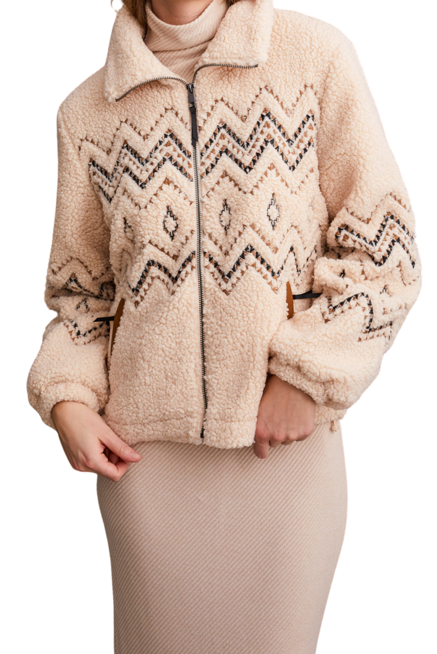 Lined Boucle Sherpa Jacket with Embroidery